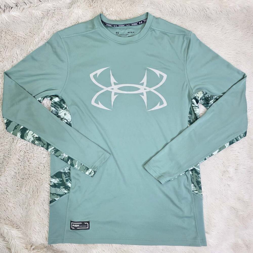 Under Armour Fishing Shirt Mens Medium Green Fish Hunter Heatgear Loose Vented